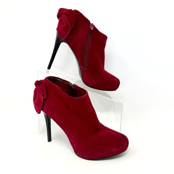 Carlos Womens Burgundy Sued Leather Bow Accent  Zip Stiletto Booties Size 6.5 - Picture 1 of 8